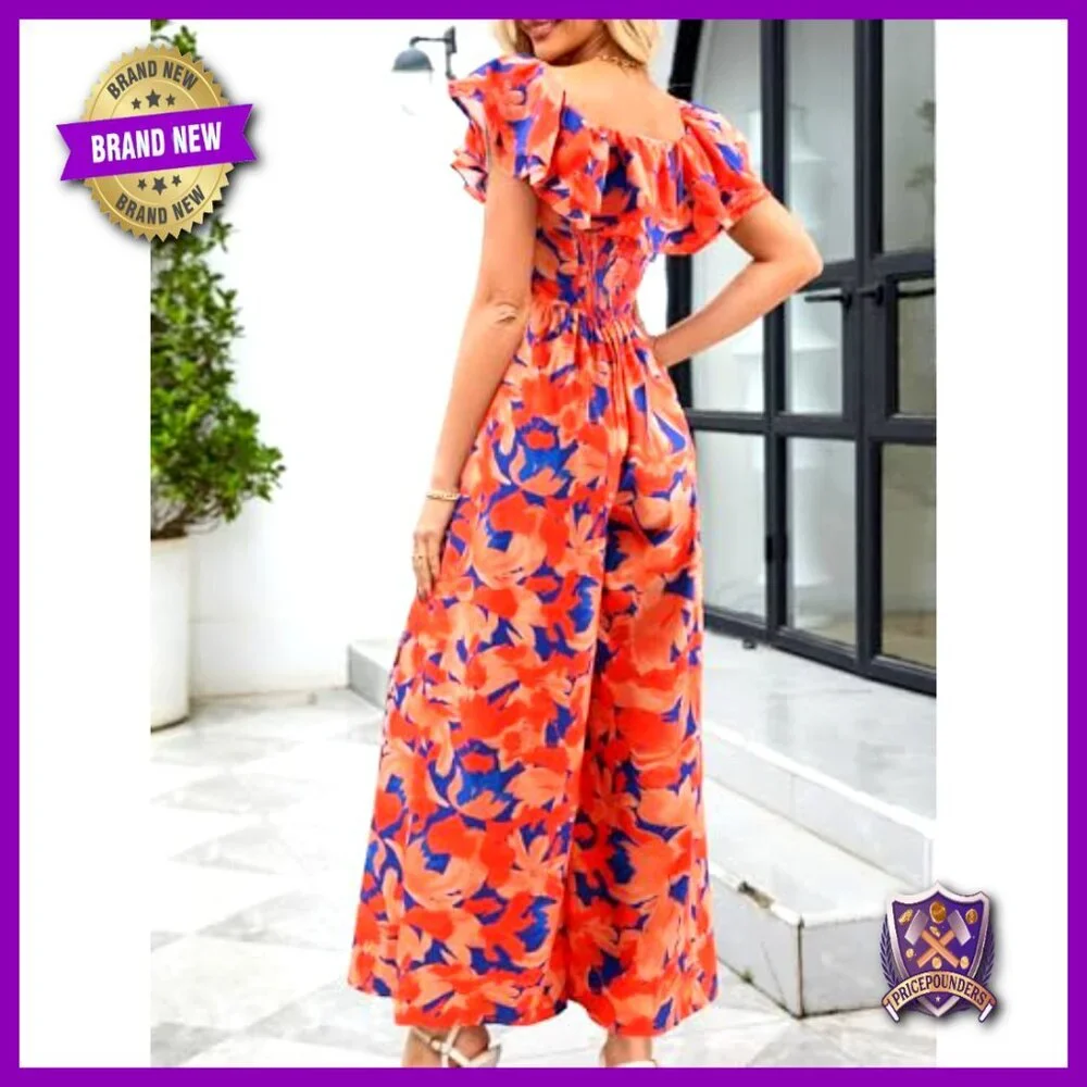 Floral Wide Leg Jumpsuit with Pockets, Square Neck, Ruffle Sleeves, Summer